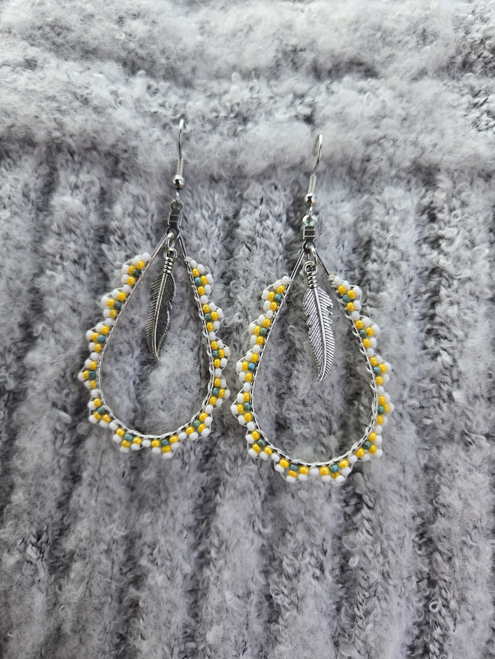 Yellow & White Beaded Teardrop Earrings with Silver Feather Charm